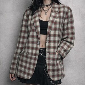 Tartan Plaid Boxy‎ Blazer Women Size 8 Cotton Linen Italy Red Vintage Holiday